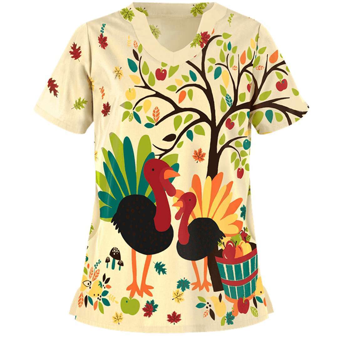 Christmas printed V-neck short-sleeved for women