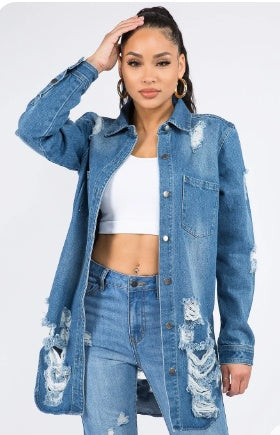 American Bazi Distressed Button Down Denim Shirt Jacket