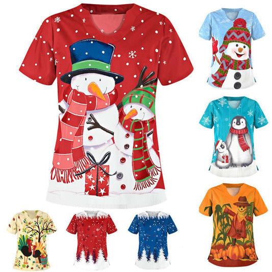 Christmas printed V-neck short-sleeved for women