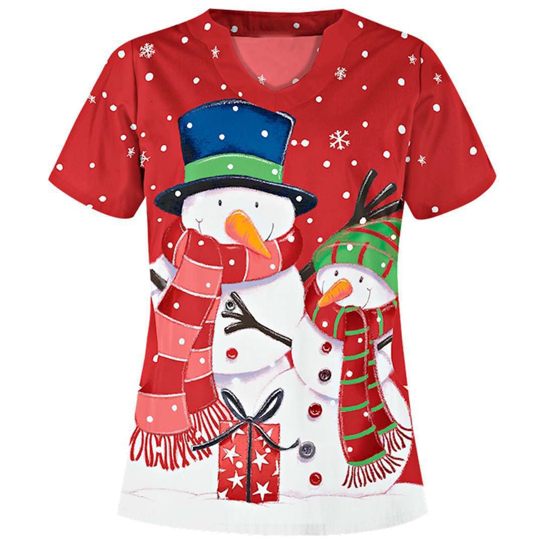 Christmas printed V-neck short-sleeved for women