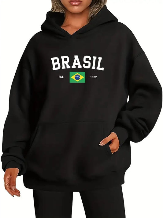 Brazil Flag Graphic Kangaroo Pocket Hoodie for Women