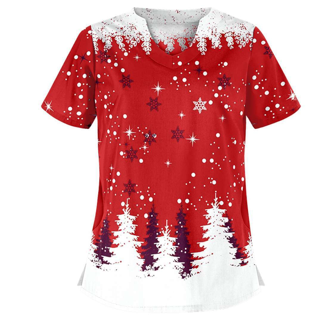 Christmas printed V-neck short-sleeved for women