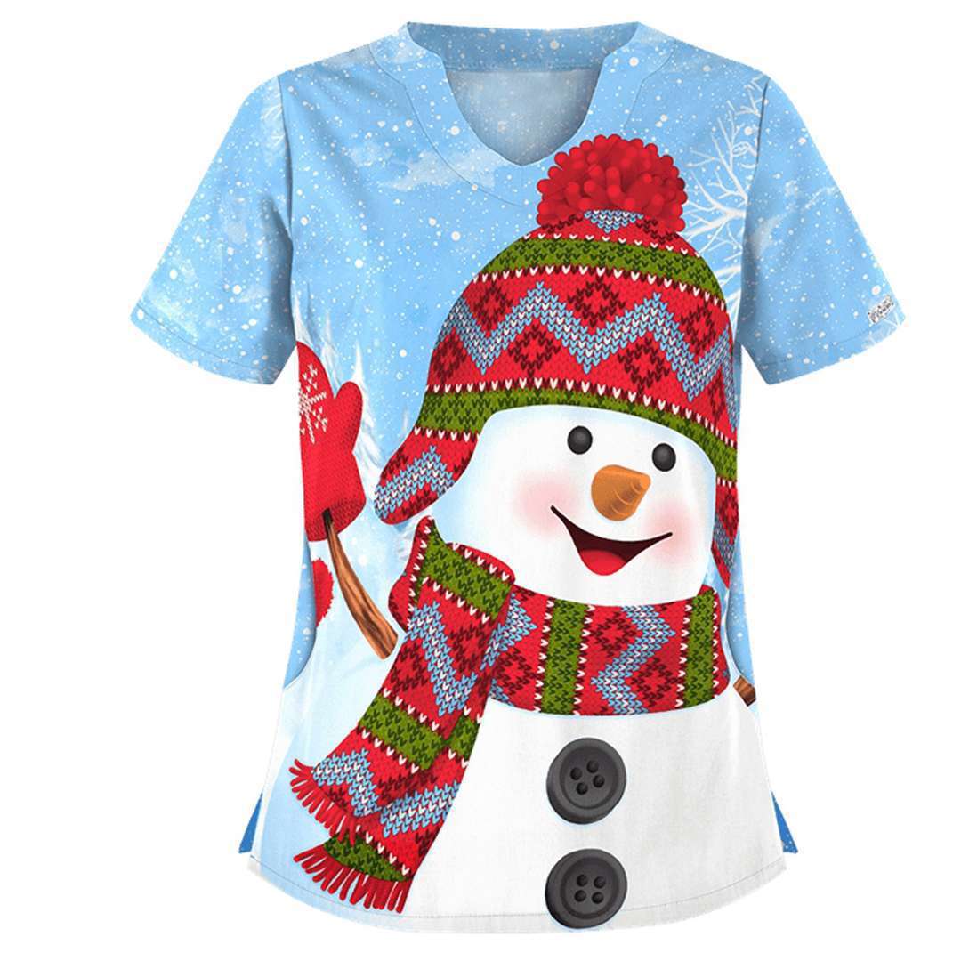 Christmas printed V-neck short-sleeved for women