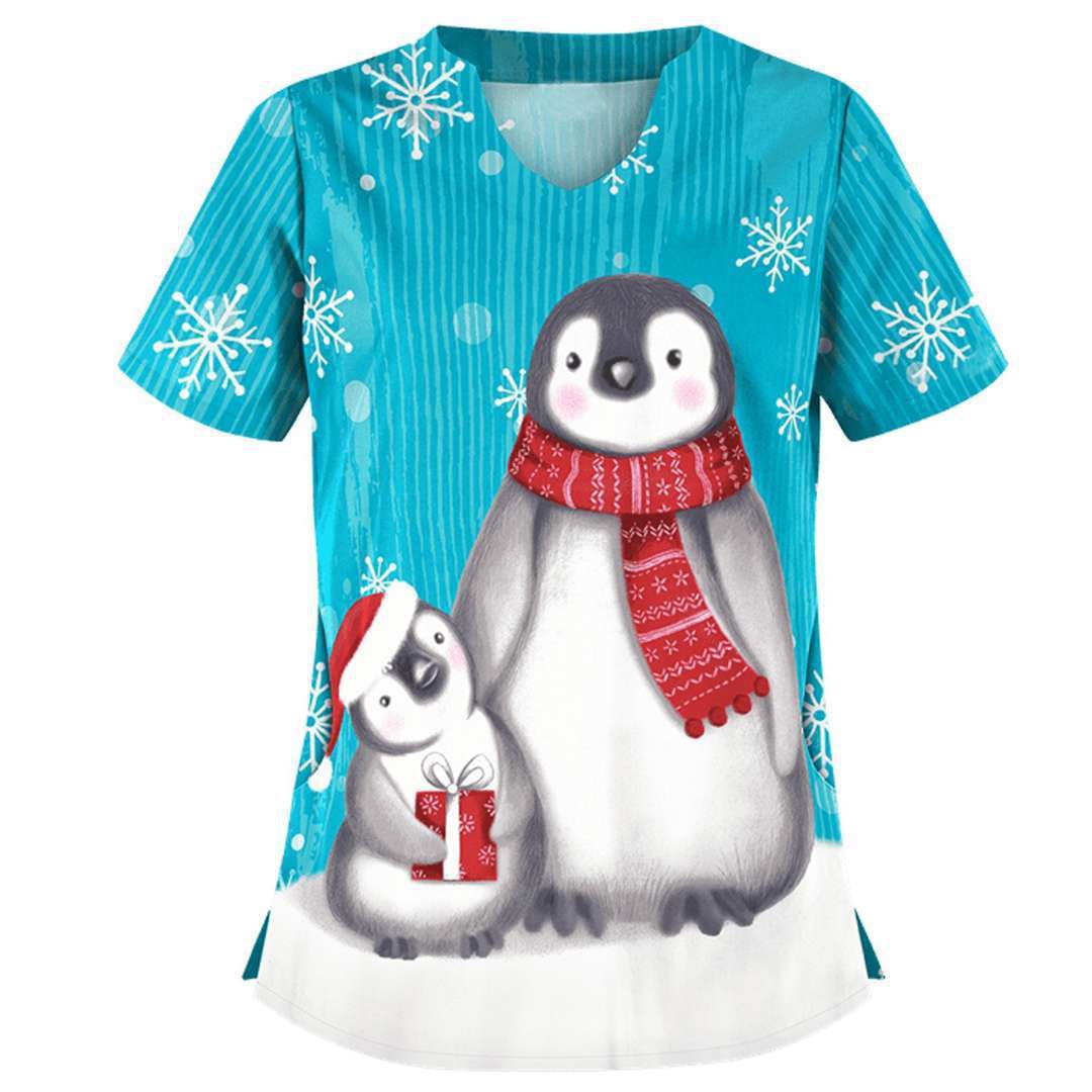 Christmas printed V-neck short-sleeved for women