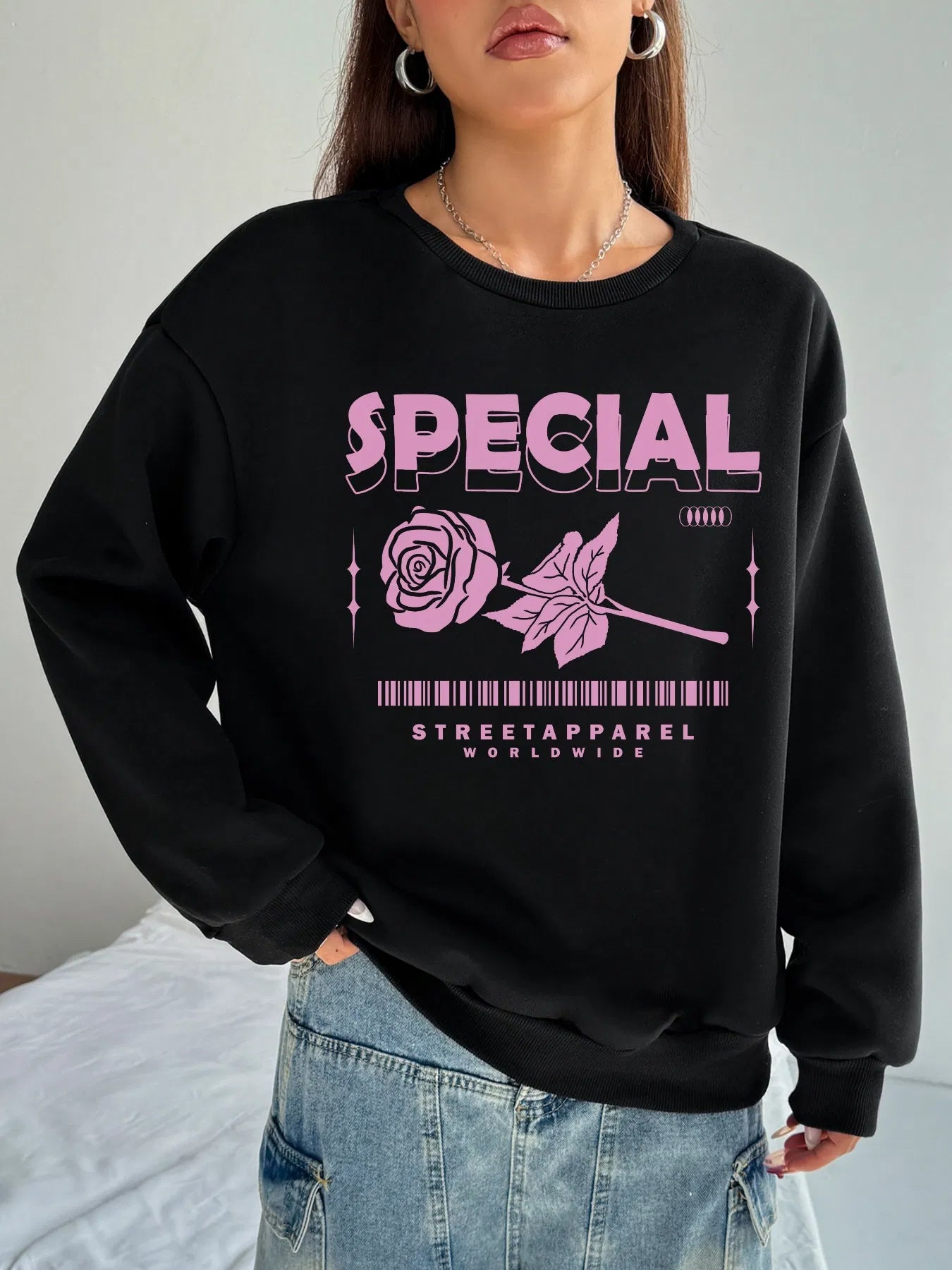 Women Casual Long Sleeve Rose Printed Tshirt