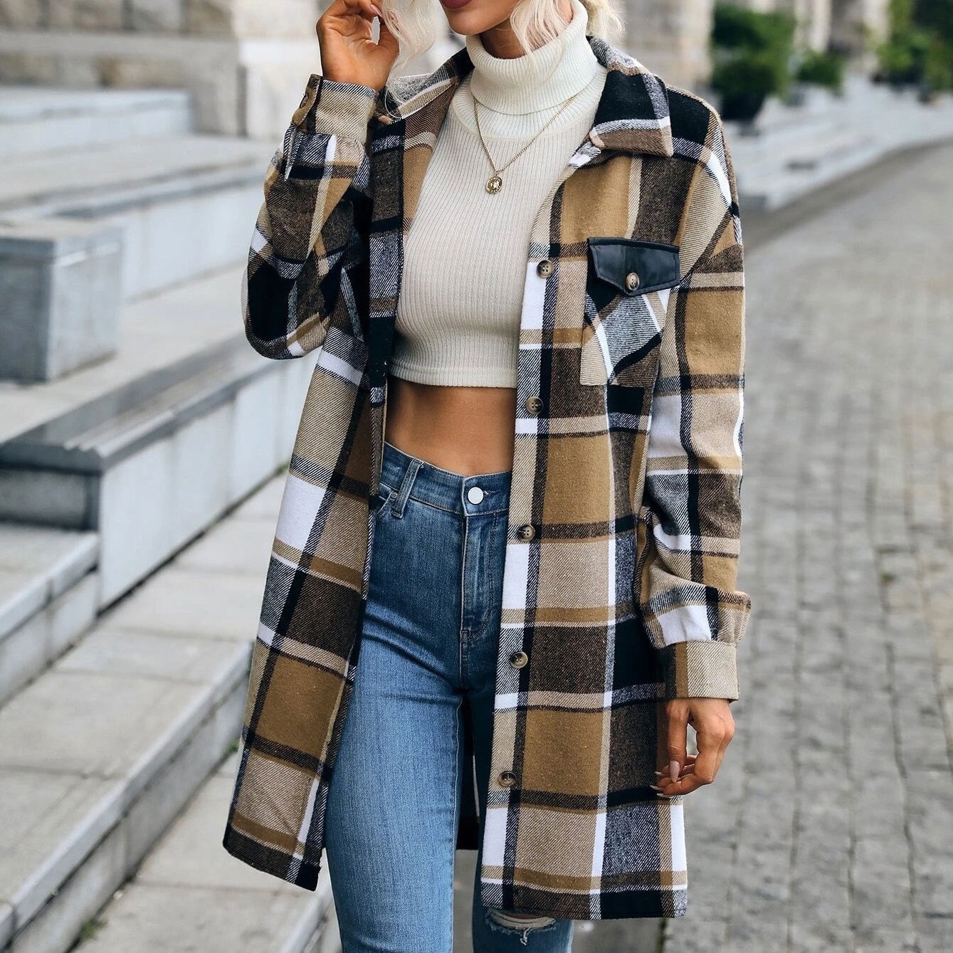 Women's Fashion Casual Plaid Printed Pocket Long Jacket