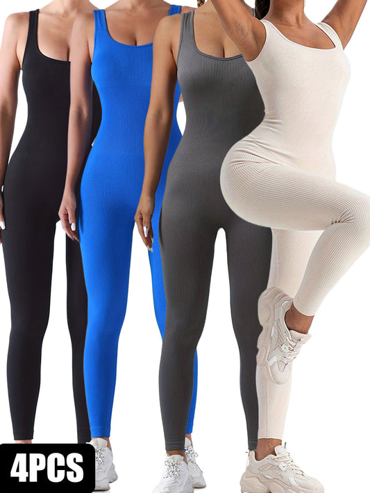 4 Pack Women's Ribbed Solid Color One-Piece Jumpsuit