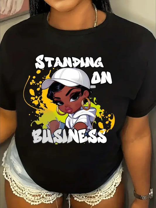 Cartoon Black Girl Letter Standing on Business T-Shirt